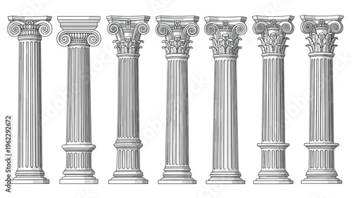 Collection of classical architectural columns in different styles like doric, ionic, and corinthian with detailed capitals.