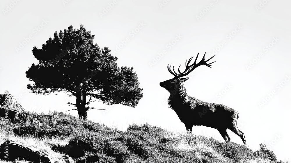 Naklejka premium Black and White Illustration of a Majestic Stag and Pine Tree on a Hill