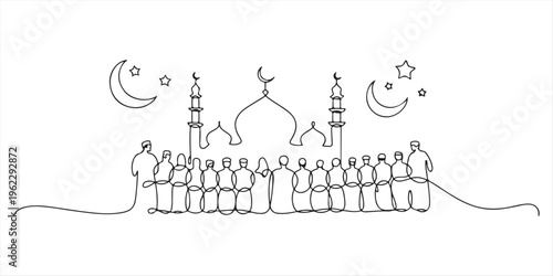Mosque continuous line design. Islamic architectural design concept. Celebration of Ramadan, Eid al-Fitr Eid al-Adha and Islamic New Year. one line Icon drawing