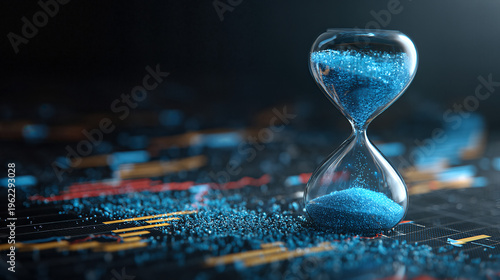 Time is Ticking: High-Tech Hourglass with Blue Sand, Financial Charts, and a Sense of Urgency