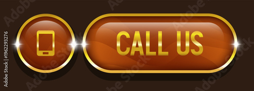 Call us button. Vector wooden button isolated on brown background.