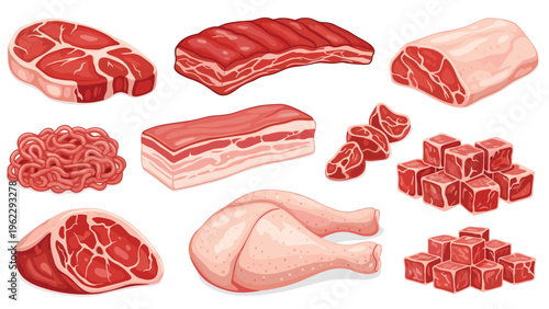 Variety of fresh raw meat cuts including beef steak, minced meat, pork belly, ribs, and chicken leg isolated on a white background.