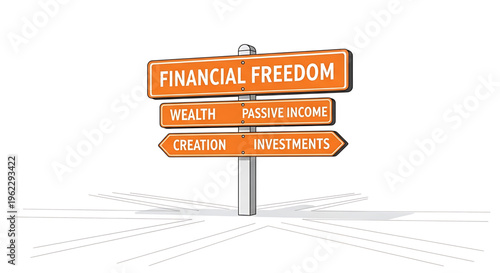 A vector graphic illustration of a signpost pointing towards financial freedom, wealth, and passive income.