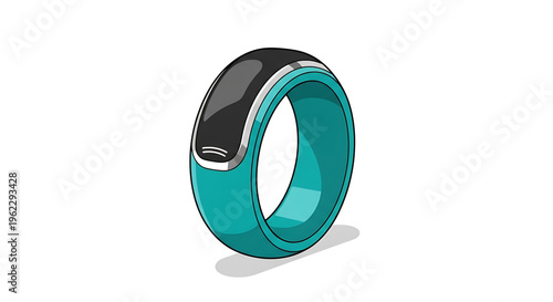 A sleek teal and black smart ring with a modern design and silver accents, representing wearable technology and fitness tracking.