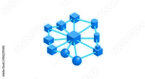 A blue 3D network graphic illustrating connections and relationships in a modern digital context