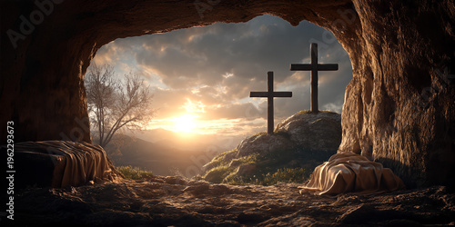 Easter Sunrise: Empty Tomb with Linen, Three Crosses, and Jesus' Body on Ancient Hill – Sacred Dawn Concept