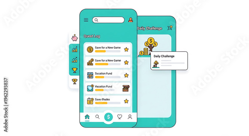 A vector graphic illustration of a mobile phone screen displaying a gaming app interface with various icons and buttons
