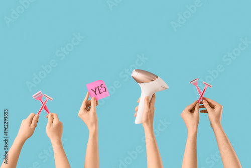 Many female hands with phot...