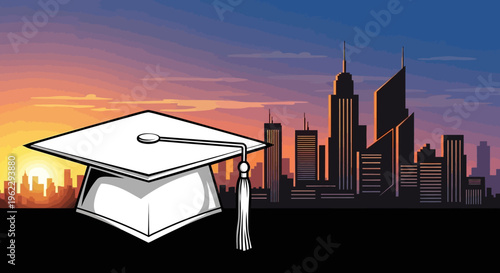 Graduation cap on city skyline background at sunset