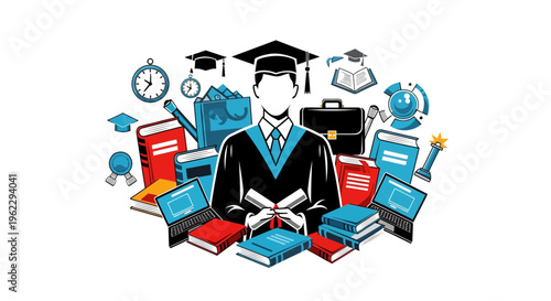 Graduation day illustration with student in cap and gown surrounded by books laptops clocks and graduation caps
