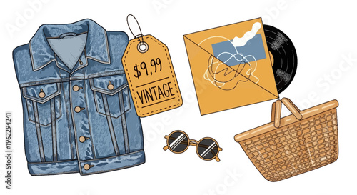 Vintage-inspired travel set featuring a denim jacket, sunglasses, and a wicker basket