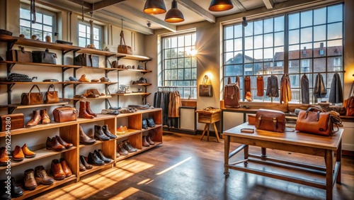A sunlit artisan leather goods boutique showcasing handcrafted footwear and bags on wooden shelves and display tables