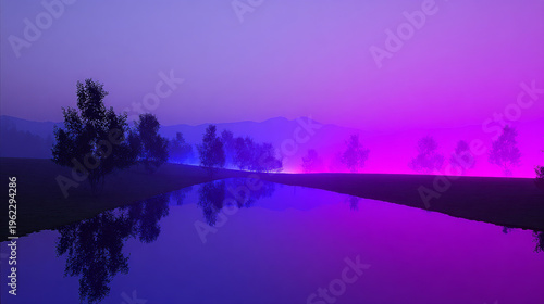 Ethereal Landscape with Vibrant Purple and Pink Sky Reflected in Water