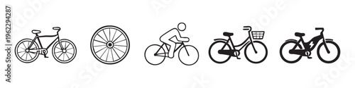 Professional set of minimalist bicycle icons featuring a mountain bike, wheel, cyclist, city bike with basket, and e-bike. Perfect for urban mobility, eco-transport, and fitness designs.