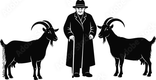 Elderly Farmer with Goats Silhouettes Illustration, Rural Livestock and Agriculture Scene with Man and Animals for Farming Concept Vector Design Collection