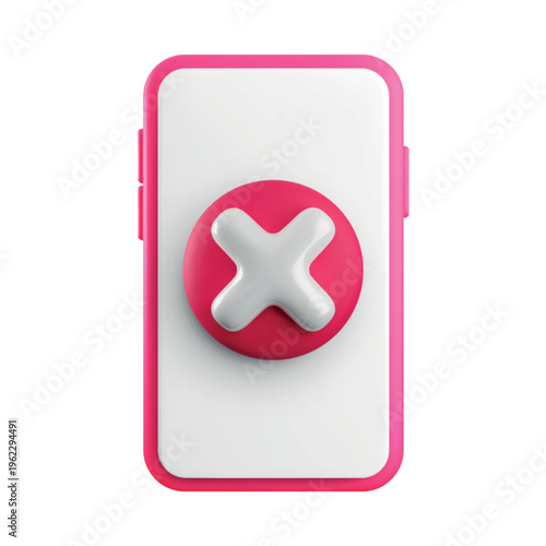 Vector cartoon 3d smartphone with white screen and red x cross button. Cute minimal realistic mobile phone 3d render blocked message sign, no phone allowed, calls forbidden, no signal error concept.