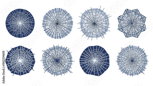 Set of circular cracked glass patterns showing shattered textures and radial fractures in different styles for design and texture overlays.