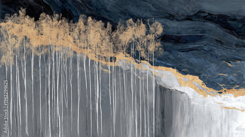 Golden Birch Trees on Abstract Blue Grey Textured Background