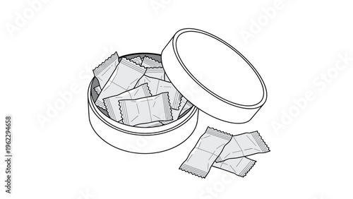 Round container filled with wrapped candies and a few spilled out, depicted in a simple black and white line art style.
