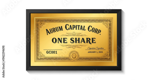 A gold stock certificate for one share of Aurum Capital Corp. in a black frame
