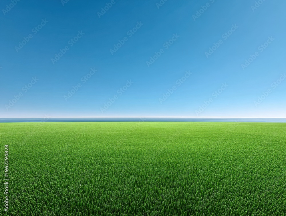 Fototapeta premium Lush Green Field Under Clear Blue Sky with Calm Ocean Horizon in Distance for Peaceful Nature and Landscape Themes