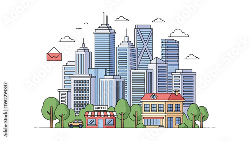 Modern city skyline with tall buildings, green trees, a small coffee shop, and a residential house under a clear sky.