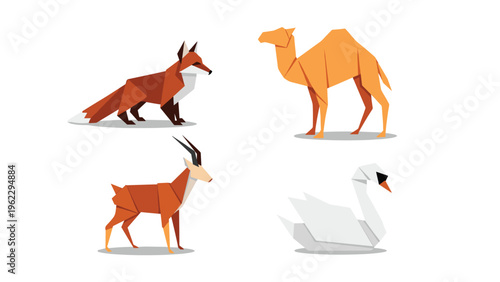 Origami animal figures including a fox, a camel, a deer, and a swan, showcasing the traditional art of paper folding.