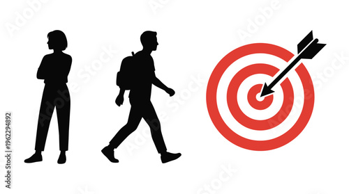 People walking towards a target representing goals and achievement silhouette