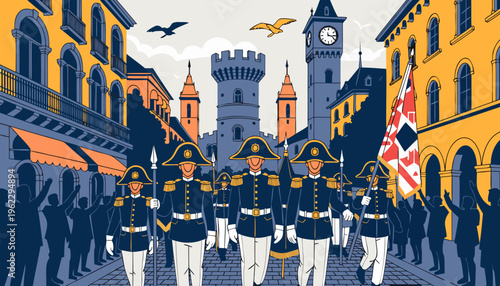 Soldiers in historic uniforms marching through a medieval town with spectators