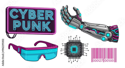 Futuristic cyberpunk-themed accessories and gadgets illustration