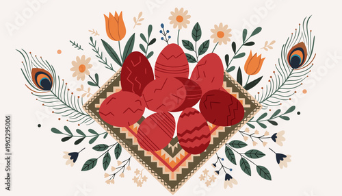 Vibrant red easter eggs on a decorative plate with floral arrangement