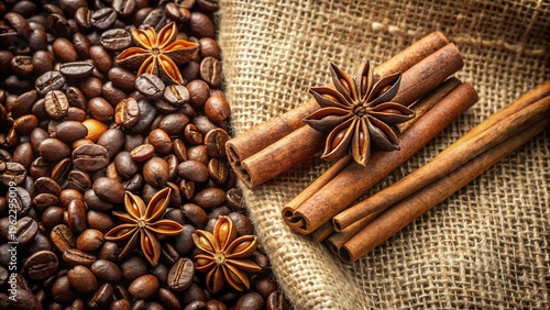Aromatic Coffee Beans, Star Anise, and Cinnamon Sticks on Burlap