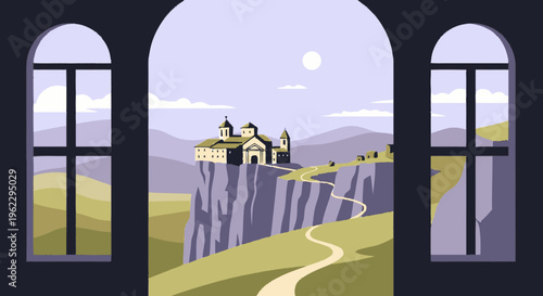 Window View of Castle on Cliff.