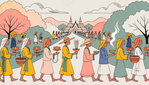 People in traditional Asian clothing walking in a procession with a temple in the background