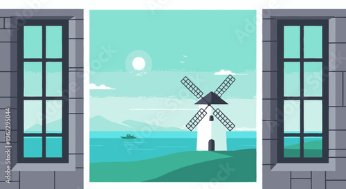Windmill Illustration with White Building and Blades.