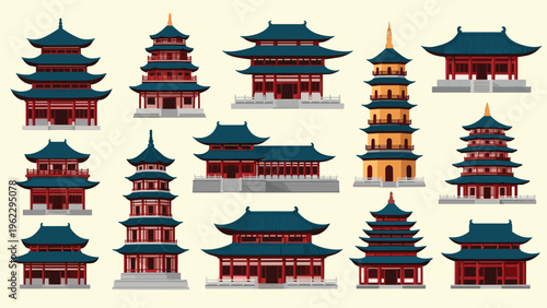 Assortment of traditional East Asian pagodas and temples with multi-tiered roofs and intricate architectural details in red and blue.