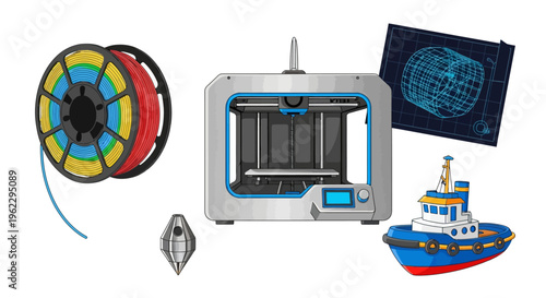 Creative 3d printing and model ship building setup with filament spool and accessories