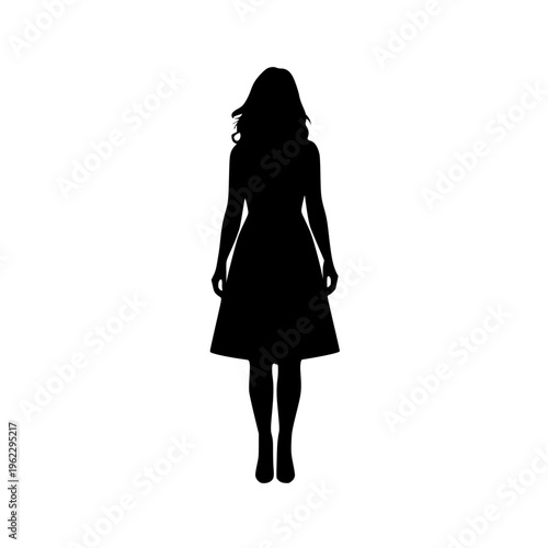 Silhouette of a woman in a dress walking alone on white background