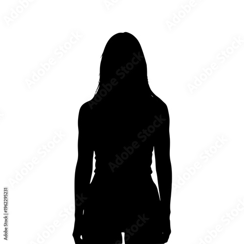 Silhouette of a woman with long hair standing confidently against a white background in a vector graphic illustration