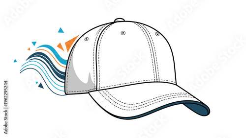 Simple white baseball cap with colorful abstract waves and triangles in the background, representing motion and style.