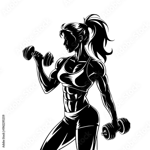 Strong woman lifting dumbbells in a powerful pose showing fitness and strength