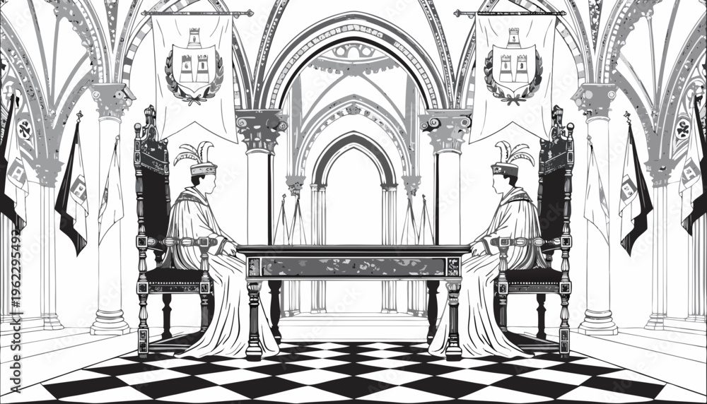Fototapeta premium Two men in medieval robes sitting at a table in a Gothic hall
