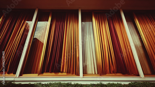 Retro Architectural Windows with Warm Curtains and Sky Reflection