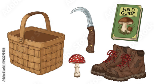 Foraging basket with essential tools and a mushroom identification guide