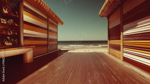 Retro Beach Huts Framing Ocean View on a Sunny Day