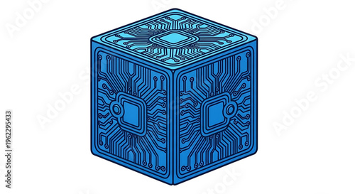 A blue circuit board cube icon represents modern technology and electronic design in a minimalist flat vector graphic style.