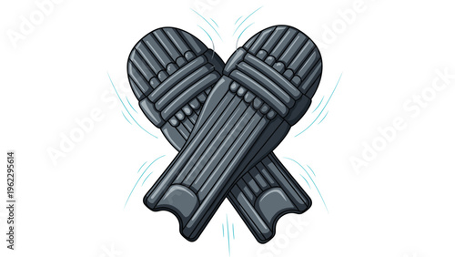 Pair of protective cricket leg pads crossed in a dynamic composition, emphasizing safety and gear for the popular sport.