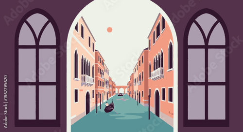 Gondola in Venetian Canal Scene Illustration.