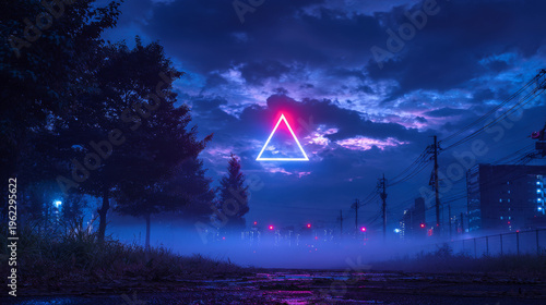 Neon Triangle Over a Foggy Cyberpunk Cityscape at Night