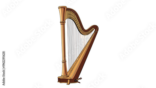 Elegant wooden harp musical instrument with intricate details and strings, isolated on a clean white background.